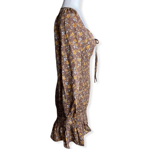 DNT NEW $219 Smocked Mini Dress in Brown Cottagecore Boho Festival Women's Sz M - Picture 6 of 7